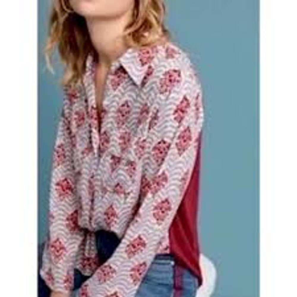 Porridge Anthropologie Beige Red Floral Mixed Media Button Down Blouse sz Medium